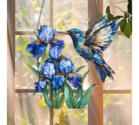 1 attrape-soleil en acrylique à suspendre, motif colibri et iris, décoration de fenêtre de 18 cm avec motif imprimé de style vitrail, art mural arc-en-ciel, idée cadeau et décoration de jardin pour