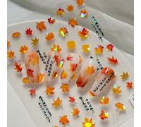 1 autocollant d'ongle en forme de feuille d'érable rouge brillante pour l'automne et l'hiver, combinant des feuilles jaunes et rouges tombées avec de la calligraphie chinoise, convenant aux passionnés