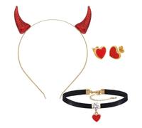 1 Bandeau En Corne, 1 Collier Coeur Rouge Et 1 Paire De Boucles D'Oreilles Coeur Rouge, Accessoires De Fête, Costumes D'Habillage De Vacances, Vêtements De Fête Féminins.
