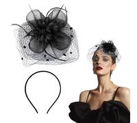 1 bandeau en voile, accessoire de cheveux en résille, accessoire de cheveux de mariée, pince à fleurs avec plumes, serre-tête avec chapeau (noir)