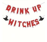 1 bannière d'Halloween « Drink Up Witches » à paillettes avec motifs de chapeau de sorcière, aucune alimentation nécessaire, aiguille en plastique pour fête et décoration d'intérieur, rouge