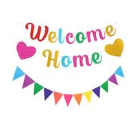 1 bannière « Welcome Home », 1 fanion coloré, décoration à suspendre, drapeau pailleté, guirlande de décoration « Welcome Home », décoration d'intérieur, pendaison de crémaillère, décoration de fête