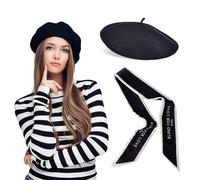 1 béret français avec 1 écharpe en soie, bonnet pour femme, bonnet d'hiver rétro, doux et léger, accessoire de mode, convient pour rencontrer des amis, décoration de fête (noir), Noir , M