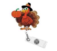 1 bobine de badge amusante en forme de citrouille avec motif de dinde de Thanksgiving avec motif paillettes d'automne irrégulières en acrylique pour infirmière, enseignante, étudiante, employée