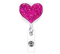 1 bobine de porte-badge rétractable avec clip de ceinture en forme de cœur pailleté pour filles, infirmières, enseignantes, étudiants - Rose rouge