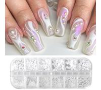 1 Boîte/12 Grilles Strass Nail Art, Perles Blanches pour Ongles Strass Art d'ongle, Demi Perles Nail Art Perles Flatback Nail Petites Perles Caviar, Perles Blanches à dos Plat pour Femmes