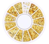 1 boîte de breloques dorées mixtes pour ongles - Clous à ongles dorés - Strass étincelants - Rivets métalliques creux - Lune étoile et cœurs - Perles artificielles en forme de cœur - DIY - Décoration