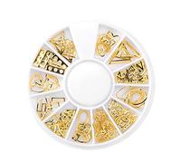 1 boîte de breloques pour ongles dorées mélangées - Clous à ongles dorés - Strass étincelants - Rivets métalliques creux - Lune - Étoile - Cœurs - Perles artificielles en forme de cœur - DIY -