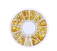 1 boîte de breloques pour ongles dorées mélangées - Clous à ongles dorés - Strass étincelants - Rivets métalliques creux - Lune - Étoile - Cœurs - Perles artificielles en forme de cœur - DIY -