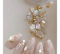 1 boîte de décorations pour nail art en coquille d'ormeau naturelle, ensemble de fragments de coquille asymétriques mélangés avec feuille d'or de luxe et perles, éclat irisé délicat, doux mais élégant