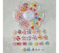 1 boîte Décorations d'art pour ongles fleurs colorées imprimé léopard Y2K, fleurs à pois 3D, fleurs en résine mélangées 3D Sakura/Lys, perles ABS blanches, décorations d'art pour ongles fleurs multico