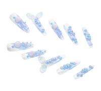 1 Boîte Faux Ongles Réutilisables Style Sirène Océan, Bout Français | Forme Amande Longue, Couverture Totale en Plastique, Effet Brillant et Pailleté, pour Débutantes