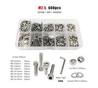 1 boîte M1.6 M2 M2.5 M3 M4 M5 M6 M8 DIN912 304 A2 en acier inoxydable à six pans creux vis à tête cylindrique boulon écrou assortiment kit(M2.5 600pcs)