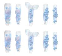 1 Boîte Press-on Nails 3d Sirène Amande, Bleu, Réutilisables