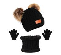 1 bonnet, 1 tour de cou, 1 paire de gants, kit chaud d'hiver pour enfants, bonnet bouffant, gants en tricot épais, cache-cou en polaire, cadeau pour garçons et filles âgés de 1 à 6 ans (noir), Noir ,