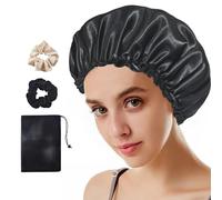 1 bonnet de nuit extensible en satin avec 2 élastiques à cheveux et 1 poche - Bonnet de nuit réglable en satin pour femme et fille - Noir