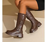 1. Bottes de mode noires à porter avec des robes - Nouvelle conception de boucle, talon épais et plateforme, bottes de style western confortables, bottes plissées, bottes de moto vintage, bottes d'équ