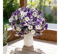 1 bouquet de fleurs artificielles à 7 fourches d'eucalyptus et de gloire du matin pour pot d'extérieur, porte d'entrée, porche, 37 x 19 cm (violet)