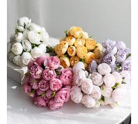 1 bouquet de pivoines en soie artificielle, 27 têtes de fleurs de roses artificielles, camélias artificiels, une tige avec trois fleurs, fausses fleurs avec bord brûlé, roses, pivoines, fleurs de thé.