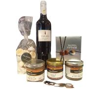 1 bouteille de TARANI Comté de Tolosan 75cl et sont coffret gourmand : terrines, planche et couteau, meringues, truffes pralinées.