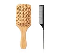 1 brosse à cheveux en bambou naturel avec 1 peigne à cheveux en forme de queue, brosse à cheveux antistatique, lissante et bouclée, brosse de massage à coussin d'air, brosse à cheveux plate pour