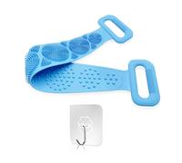 1 brosse de douche en silicone bleu avec 1 crochet transparent, brosse à dos pour le dos, outil de douche double face, ceinture de lavage avec particules de massage, unisexe