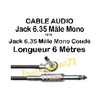1 Câble Jack 6,35 Mâle Mono DROIT vers Jack 6.35 Mâle Mono COUDE Long 6 Metres