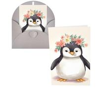 1 carte de remerciement avec enveloppes, pingouin portant des fleurs, 10,2 x 15,2 cm, carte de vœux pour notes personnalisées, cartes formelles pour toutes les occasions, adaptées pour les petites