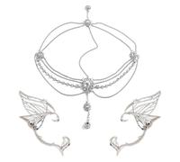 1 Casque Multicouche Multicouche, 1 Paire De Clips d'oreille, Gouttelettes d'eau Intégrées en Diamant, Ensemble De Bijoux Jouant À Elfe, Accessoires De Cheveux en Métal Créatifs Et À La Mode.