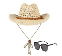 1 Chapeau De Cowboy Creux, 1 Paire De Lunettes De Soleil, Chapeau De Cowboy Rétro, Chapeau De Cowboy Réglable, Chapeau De Soleil À Larges Bords, La Pêche Et Le Camping.