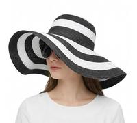1 chapeau de soleil élégant à rayures blanches + noires pour femme - Chapeau de soleil à large bord - Chapeau de paille UPF 50+