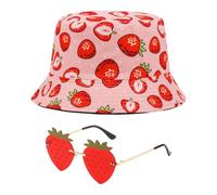 1 Chapeau Seau À Fraises Et 1 Lunettes À Fraises, Chapeau De Protection Solaire pour Femme, Chapeau De Protection UV, Lunettes De Soleil Créatives, Accessoires De Mode.