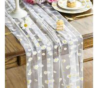 1 chemin de table en maille de dentelle blanche - Tissu tulle polyester avec marguerites jaunes - Nappe florale élégante pour mariages, anniversaires, printemps, fête des mères et remise de diplôme