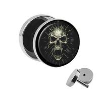 1 clou d'oreile motif « tête de mort hurlant » - Diamètre de l'image 10 mm - Avec motif à visser - Acier chirurgical - Faux tunnel en argent
