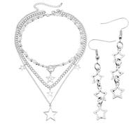 1 Collier, 1 Paire De Boucles D'Oreilles, Bijoux En Forme D'Étoile, Boucles D'Oreilles Creuses Personnalisées, Collier Rétro Multi-Chaînes, Parure De Bijoux Gothique, Bijoux De Fête Sur Scène.