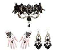 1 collier en dentelle, 1 bracelet et 1 paire de boucles d'oreilles, bracelet gothique, collier d'amour noir, bijoux rétro steampunk, convient pour le cosplay, Pâques, etc.