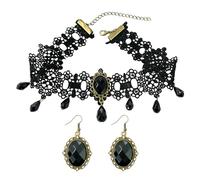 1 collier en dentelle noire avec 1 paire de boucles d'oreilles, collier élégant pour femme, chaîne de clavicule réglable sexy, collier rétro polyvalent, ensemble d'accessoires de style gothique,