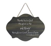 1 Corinthians 15:57 Thanks Be to God! He Gives Us The Victory Through Our Lord Jesus Christ Panneau de bienvenue en bois rustique pour porte d'entrée Décoration murale 15,2 x 25,4 cm