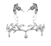 1 couronne d'elfe en forme de goutte d'eau, livrée avec 1 paire de boucles d'oreilles elfes, coiffe de fée, bijoux de cheveux argentés, oreilles de dessin animé, accessoires de fée, kit de jeu de rôle