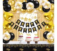 1 décoration de fête noire et dorée, ballons noirs et dorés, bannière « Happy Birthday », rideau à franges dorées, nappe, tourbillons à suspendre, cœurs, étoiles, confettis en aluminium