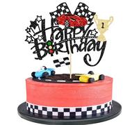 1 décoration de gâteau d'anniversaire en forme de voiture de course à paillettes, trophée, drapeau de signalisation, casque de voiture de course, pour fête prénatale, fête prénatale pour garçons