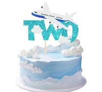 1 décoration de gâteau en forme d'avion à paillettes - Motif : fichiers de temps - Décoration de gâteau pour avion - Thème enfants - Deuxième anniversaire - Décoration de gâteau - Bleu et blanc