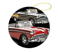1 décoration de Noël - 7,1 cm ronde en céramique, décoration de sapin de Noël imprimée double face, décoration de voiture classique Roadsters à l'ancienne pour sapin de Noël, vacances d'hiver