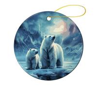 1 décoration de Noël en céramique - Ours polaire aurore boréale ronde en porcelaine à suspendre avec impression double face, décoration d'arbre de Noël pour cadeaux souvenirs de vacances (7,1 cm)