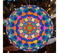 1 décoration de Noël en céramique pour décoration de sapin - Mandala coloré - Décoration de Noël rustique à suspendre ronde pour sapin de Noël (7,1 cm)