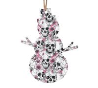 1 décoration de Noël en forme de bonhomme de neige imprimé tête de mort florale en bois à suspendre pour sapin de Noël, décoration d'intérieur et d'extérieur