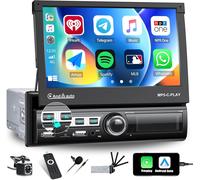 1 Din Bluetooth Car Radio with Carplay&Android Auto&Mirror Link for iOS/Android,7 Inch Motorized and Extendable Touch Screen with Bluetooth FM USB+Backup Camera