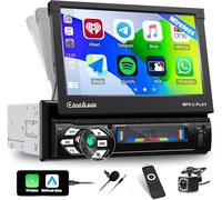 1 Din Bluetooth Car Radio with Carplay&Android Auto&Mirror Link for iOS/Android,7 Inch Motorized and Extendable Touch Screen with Bluetooth FM USB+Backup Camera.