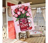 1 drapeau 2D pour la Saint-Valentin, drapeau de jardin double face, motif tasse et tulipe, avec texte « Love », grille rose, décoration de cour extérieure et de pelouse, décoration de Saint-Valentin