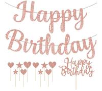 1 Drapeau À Tirer Pour Fête D'Anniversaire Et Lot De 11 Inserts Pour Gâteau D'Anniversaire, Bannière Happy Birthday, Décoration En Or Rose, Décoration De Fête Pour Filles, Décorations De Gâteaux
